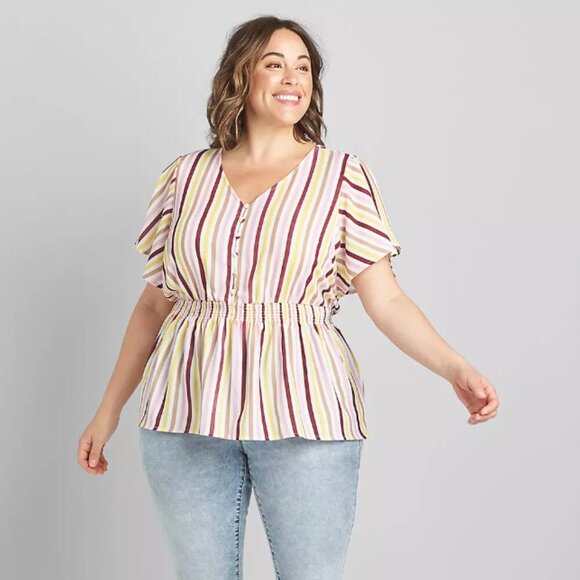 Lane Bryant Striped Short-Sleeve V-Neck Smock Waist Top SZ 16 Retro 70's Summer - Picture 1 of 6